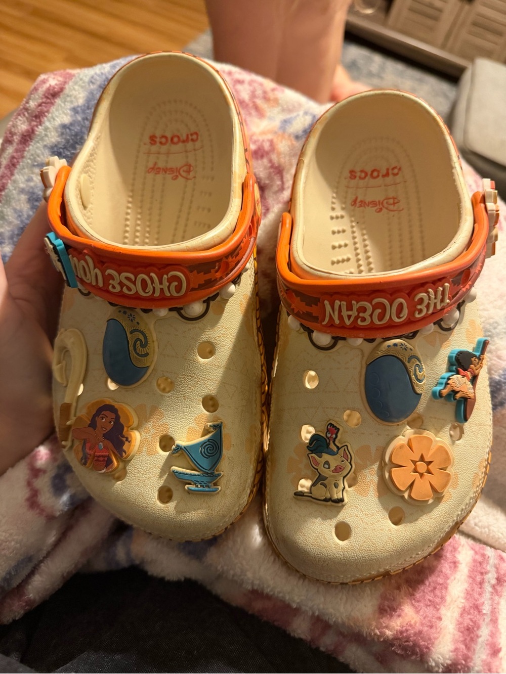 CROCS Kids Cream Clogs with Orange Strap and Moana Charms
